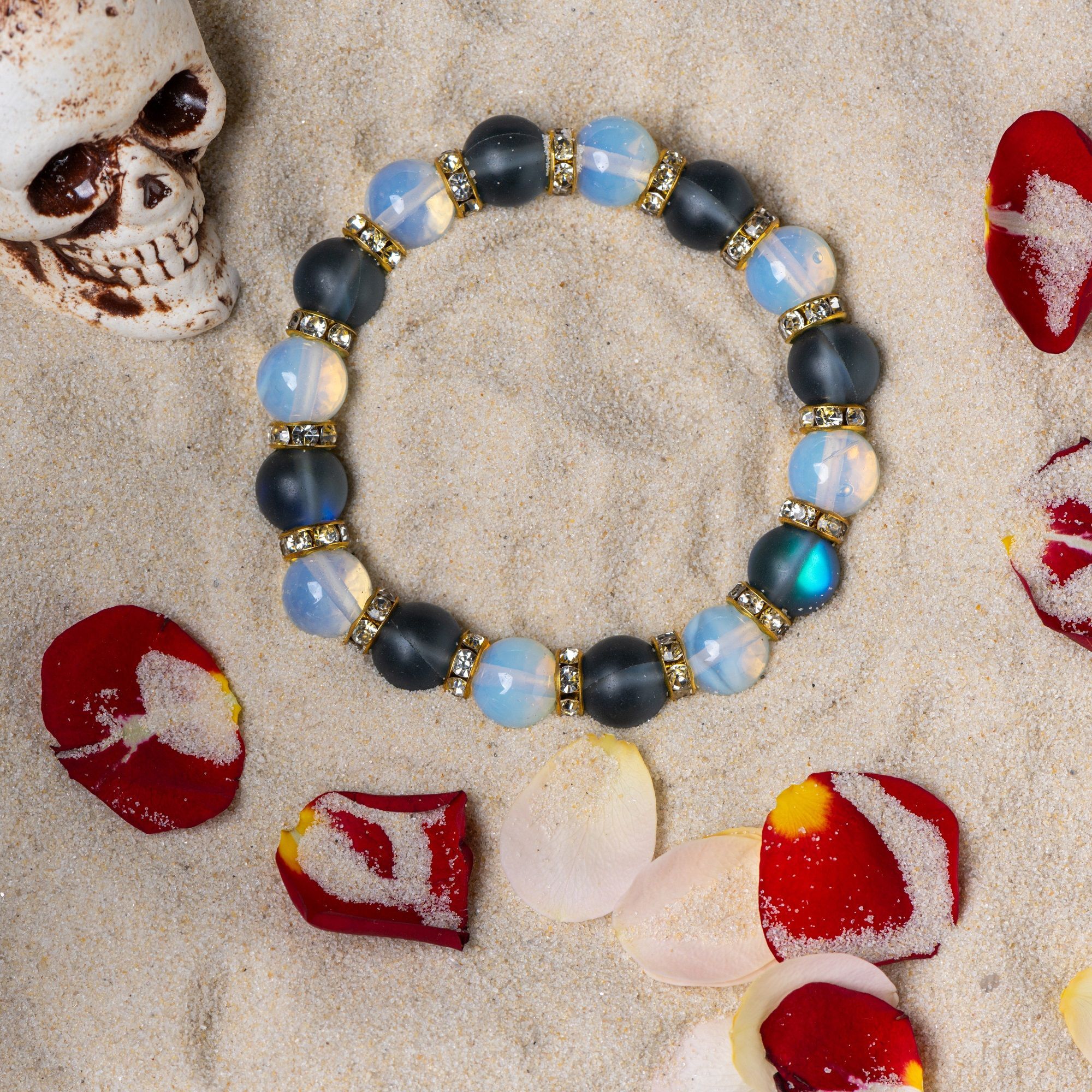 Браслет из чёрного опала и лунного камня, 10 мм — изображение 5