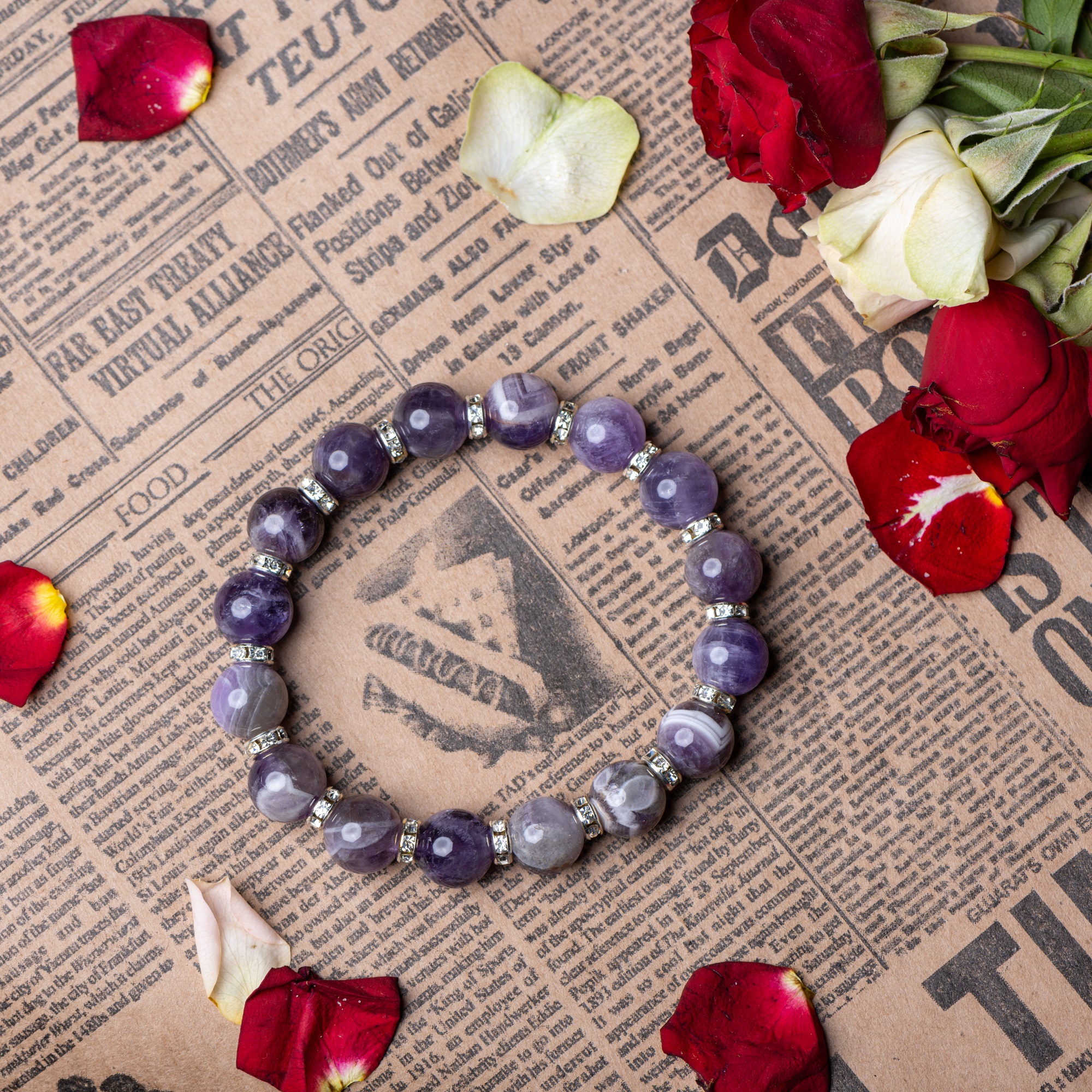 Браслет из натурального шевронного аметиста со стразами, 10 мм — изображение 9